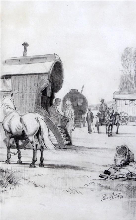 § Edward Seago (1910-1974) Gypsy encampment, 13 x 8.25in.